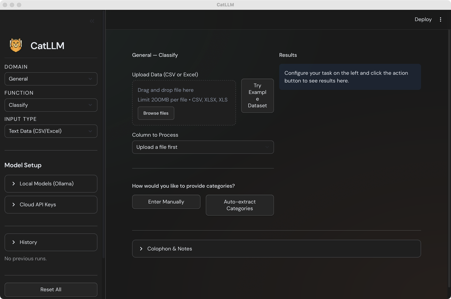 CatLLM desktop app — General Classify view in dark mode